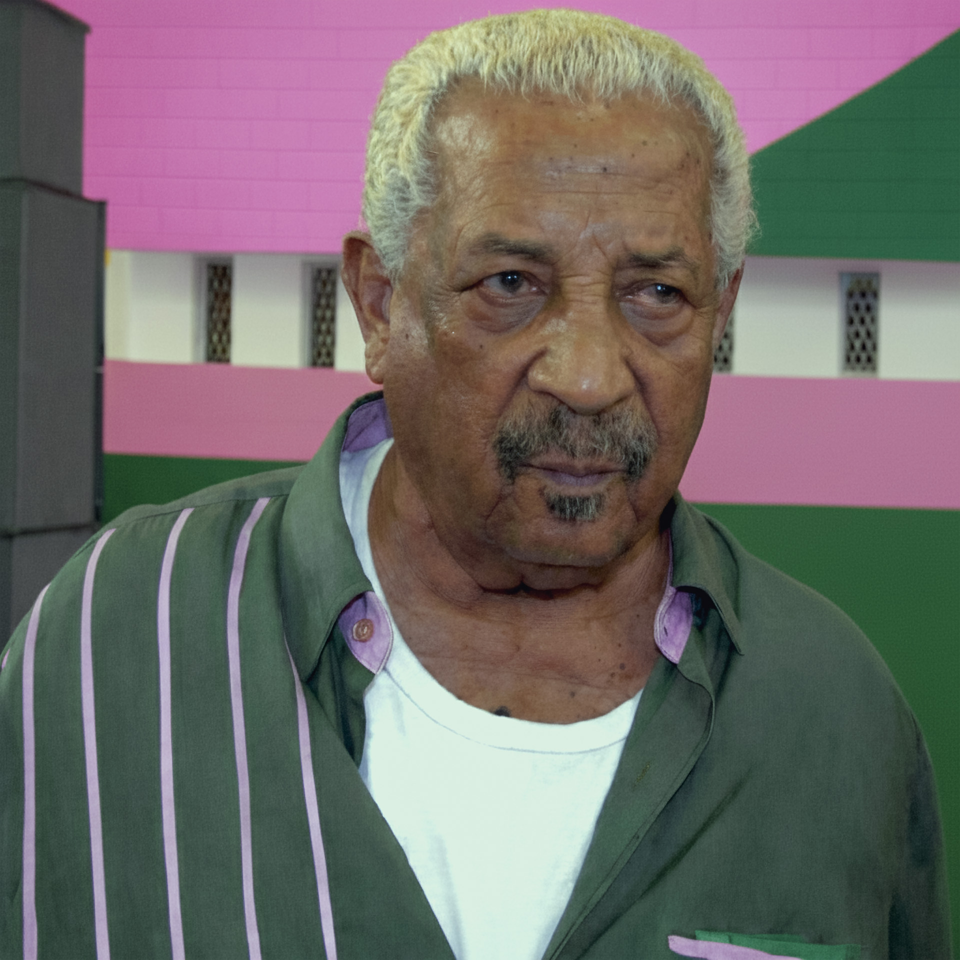 Ed Miranda Rosa com camisa verde de listras rosas e barba branca no Palácio do Samba